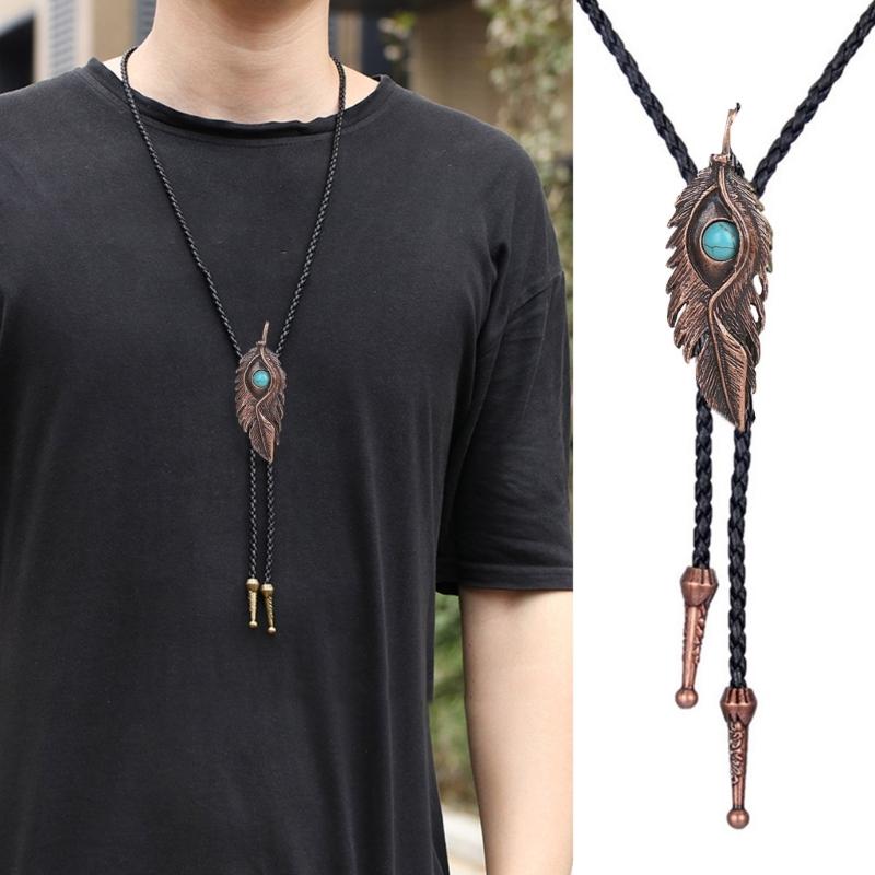 Metal Turquoise Bolo Tie Wing Pattern Feather Necktie for Shirt Jeans Western Necklace Braided Shoestring Necktie Bola-T