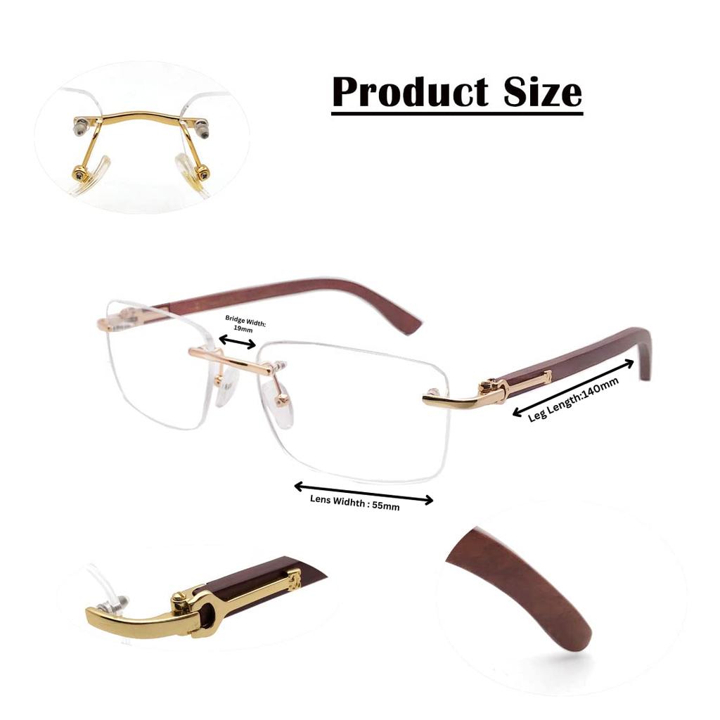RSINC Wood-Rimless Eyeglasses Frames With Gold Steel Finish | Stylish Wood and Steel Design | Sleek & Modern (Size 54-16-138) 6252202878848