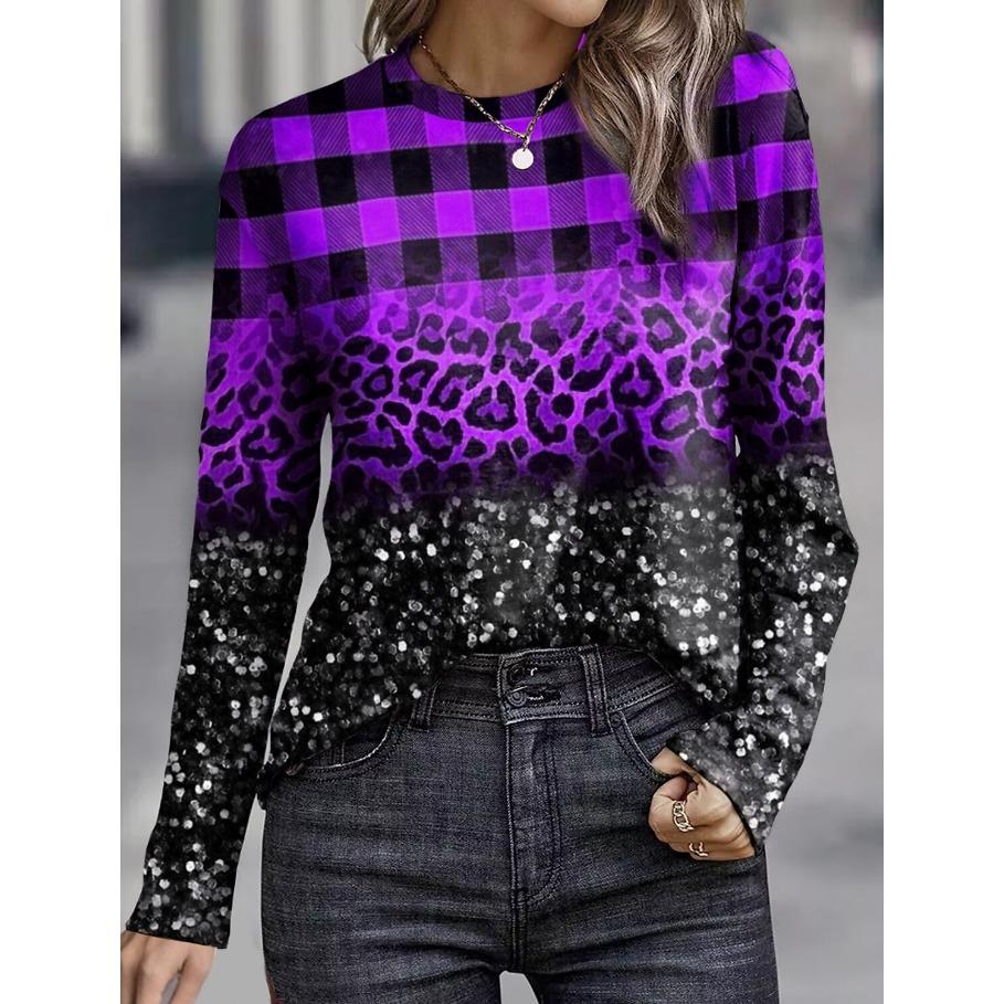

Женские топы с леопардовым принтом в клетку, повседневный свитер с круглым вырезом и цветными блоками для повседневных выходов, базовый стиль, длинные рукава M