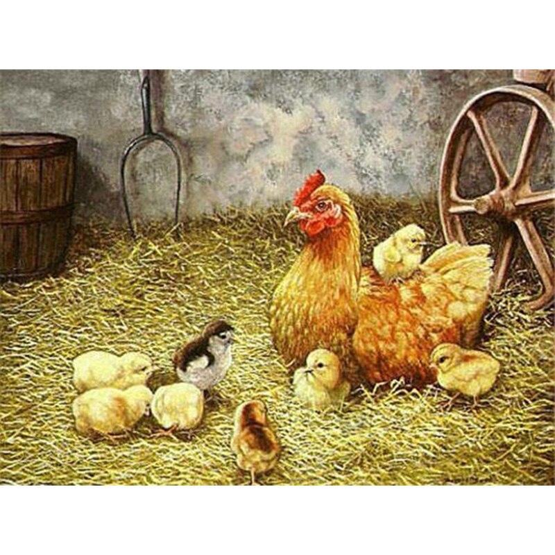 Gjør-det-selv 5D diamantmaleri Kyllingfarmlandskap Diamantbroderisalg Full rundbor Rhinestone Dyrebilde Mosaikkdekor