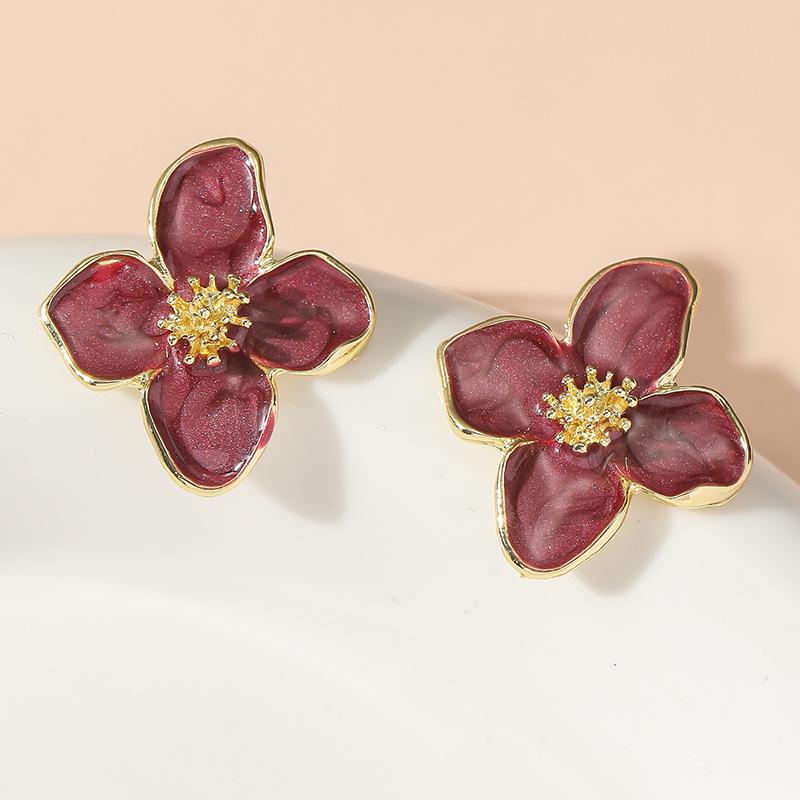 Eco-Friendly Alloy Retro French Four-Petal Flower Stud Earrings - Exquisite High-End Jewelry