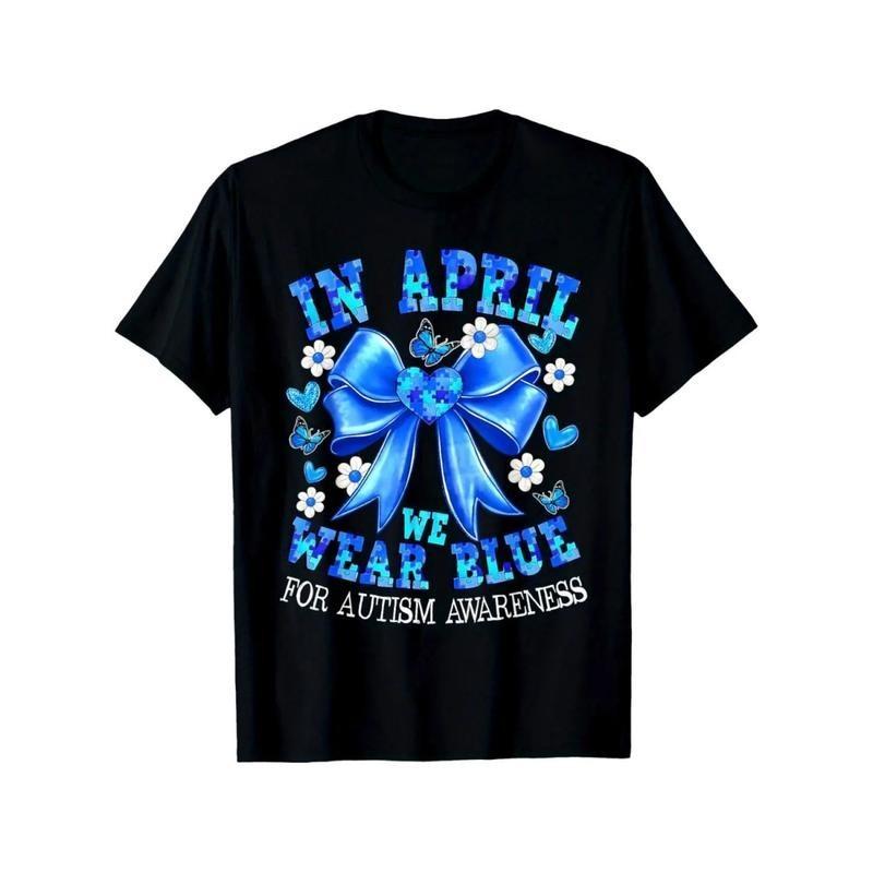 April We Wear Blue Autism Awareness Coquette Bow Puzzle TShirt S