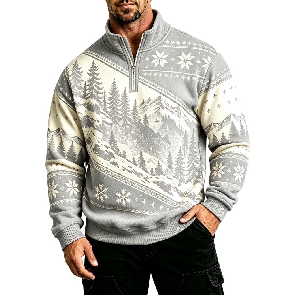 Men's Casual Zip-Up Lined Sweatshirt with Stand Collar Long Sleeve Print for Fall and Winter