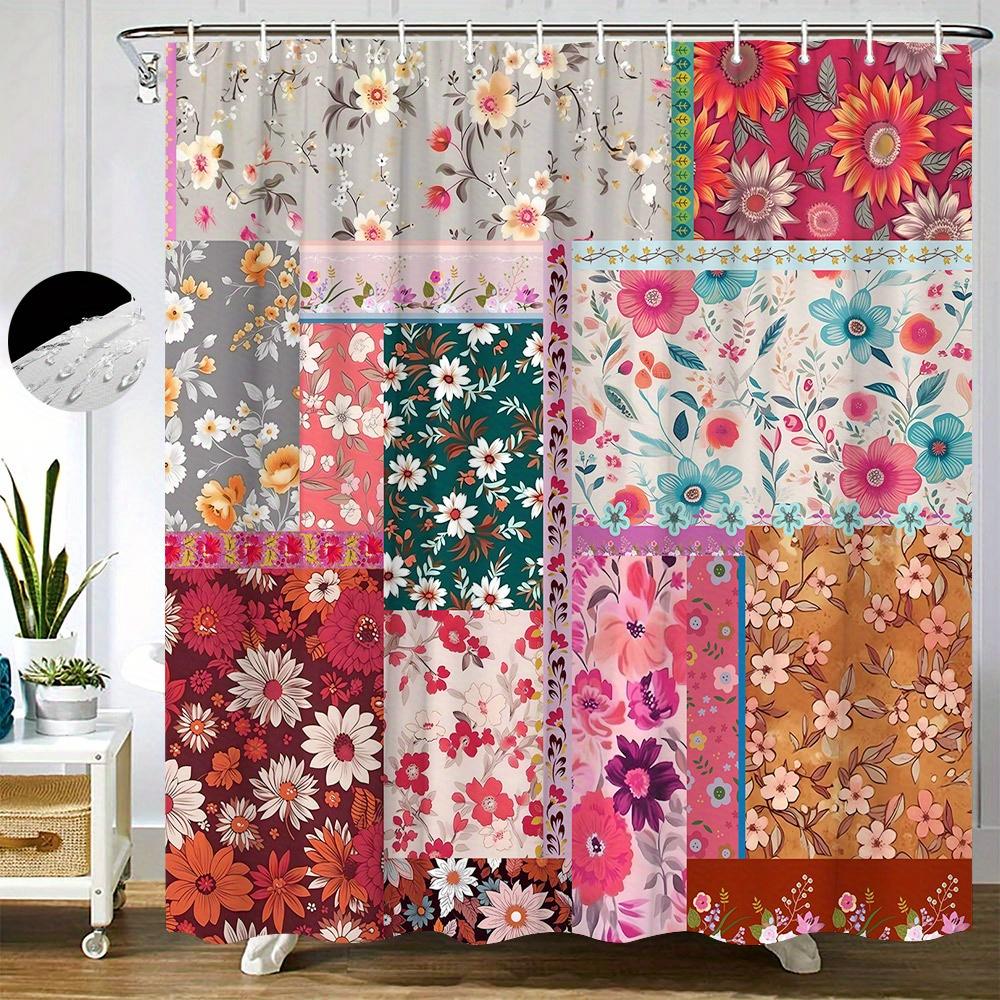 

Floral Patchwork Shower Curtain Vibrant Digital Collage Of Red/Pinkorange Blooms On Woven Polyester, Unlined, 70×70 , 12 Hooks W60H190(CM)-1 Pcs