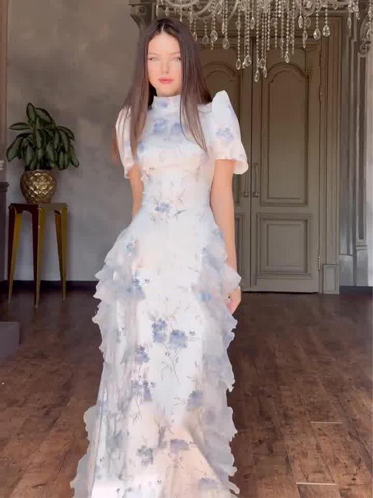 Women's 2025 Spring Retro Elegant Short Sleeve Waist-Cinching Long Dress