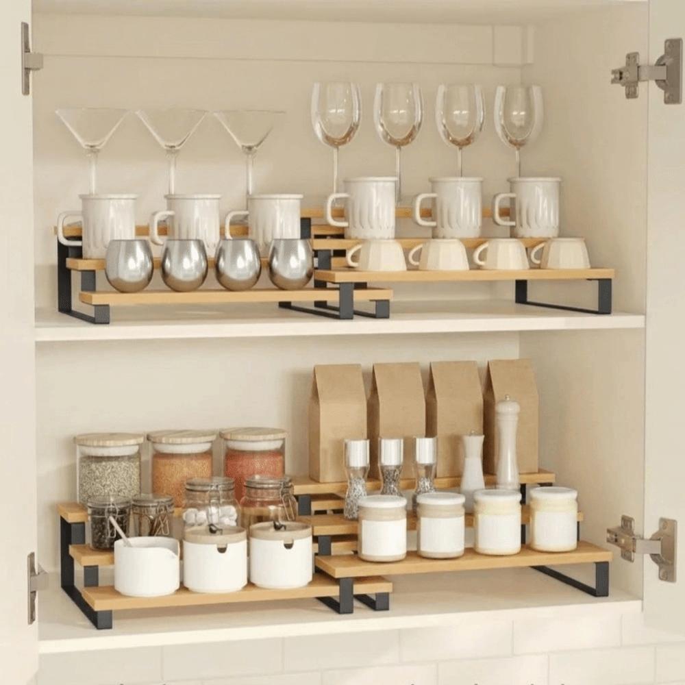 Large Capacity Expandable Step Storage Rack Bamboo Model Display Stand  For Kitchen