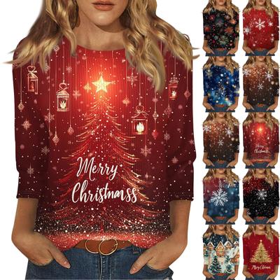 Women's Fashion Casual Round Neck Three Quarter Sleeve Christmas Printed T-Shirt Top