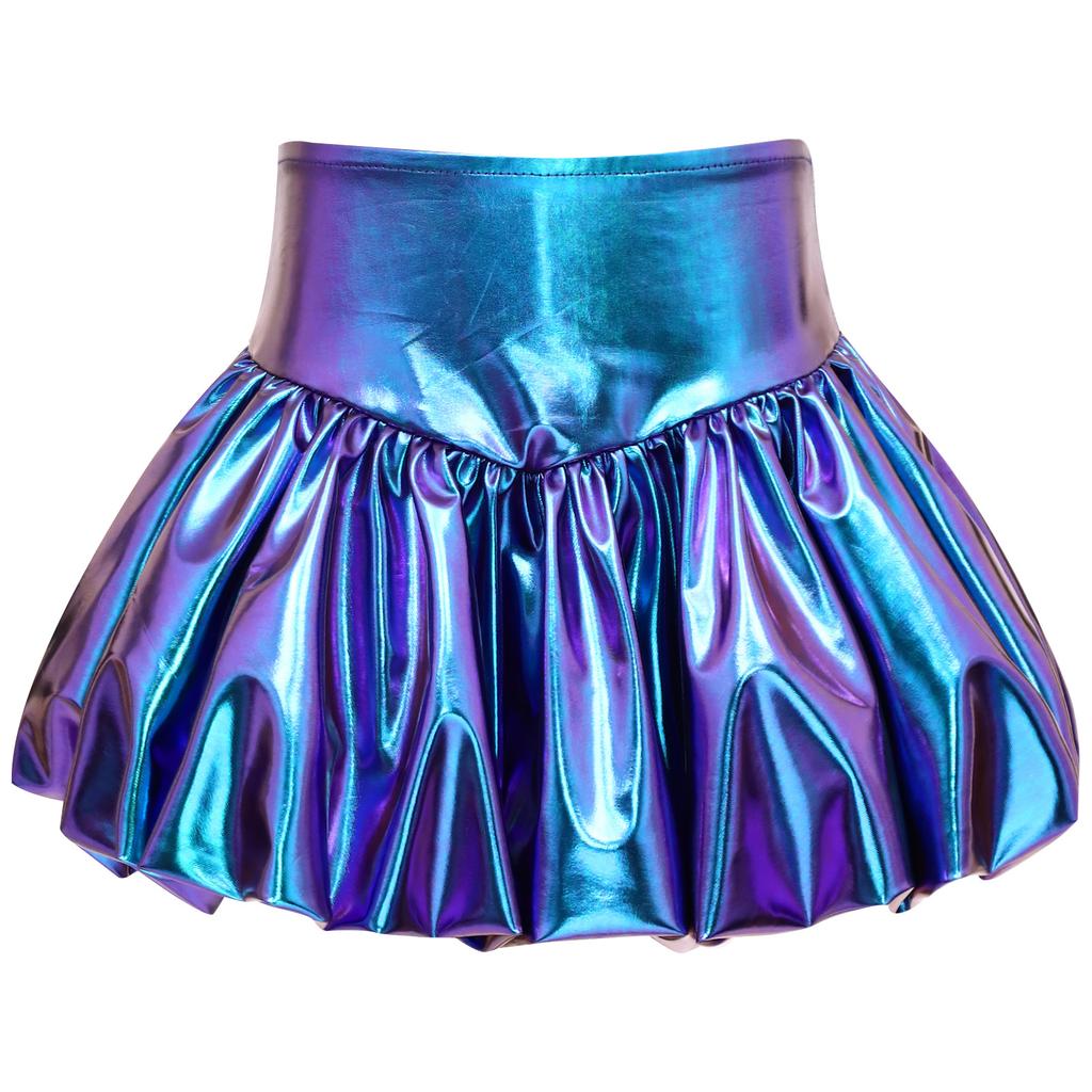 Girls Metallic Bubble Skirt Elastic Waistband Shiny Bud Skirt Sparkly Performance Costume