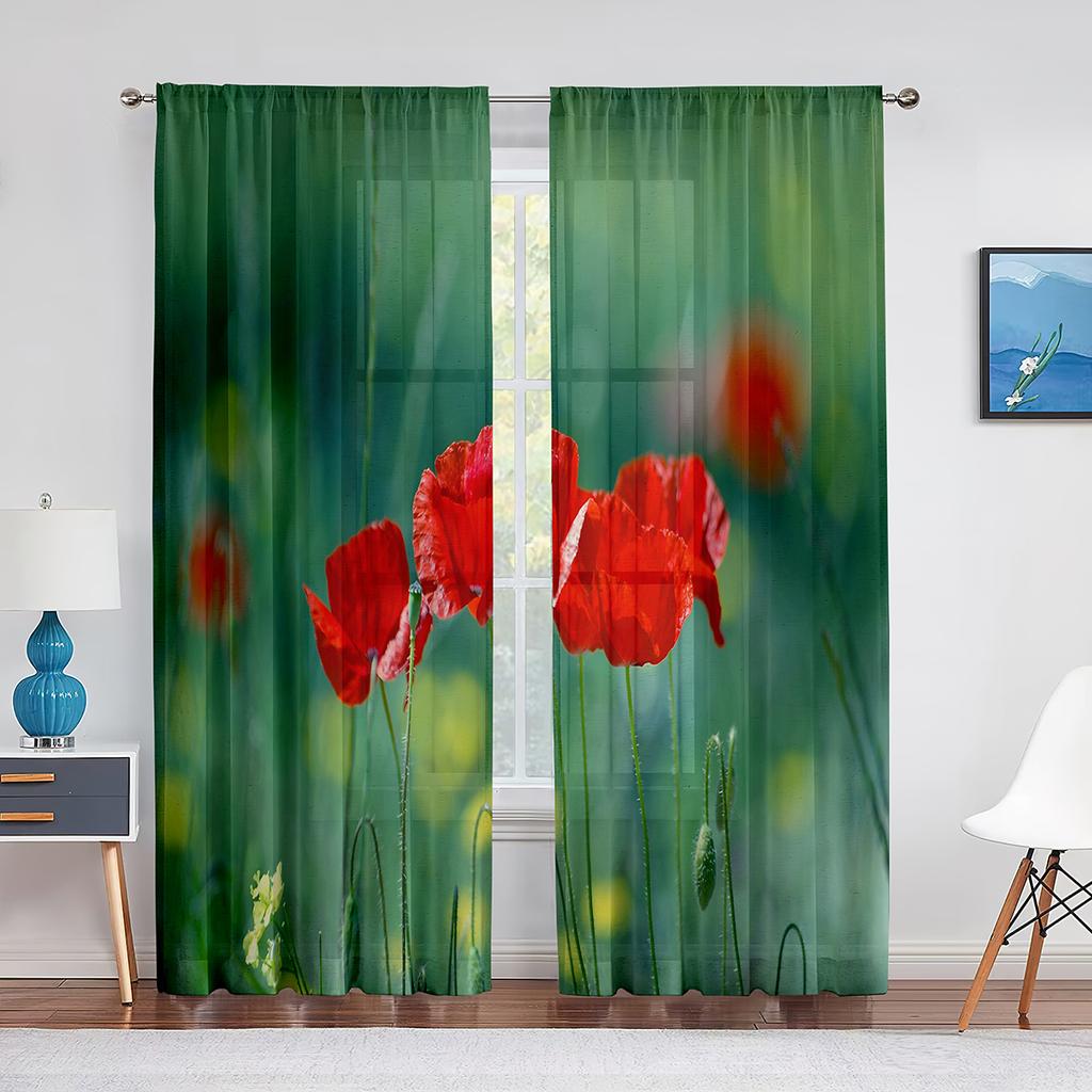 Poppy Flower Red Floral Sheer Voile Curtains for Living Room Bedroom Kitchen Tulle Window Curtain Home Decoration Chiffon Drapes