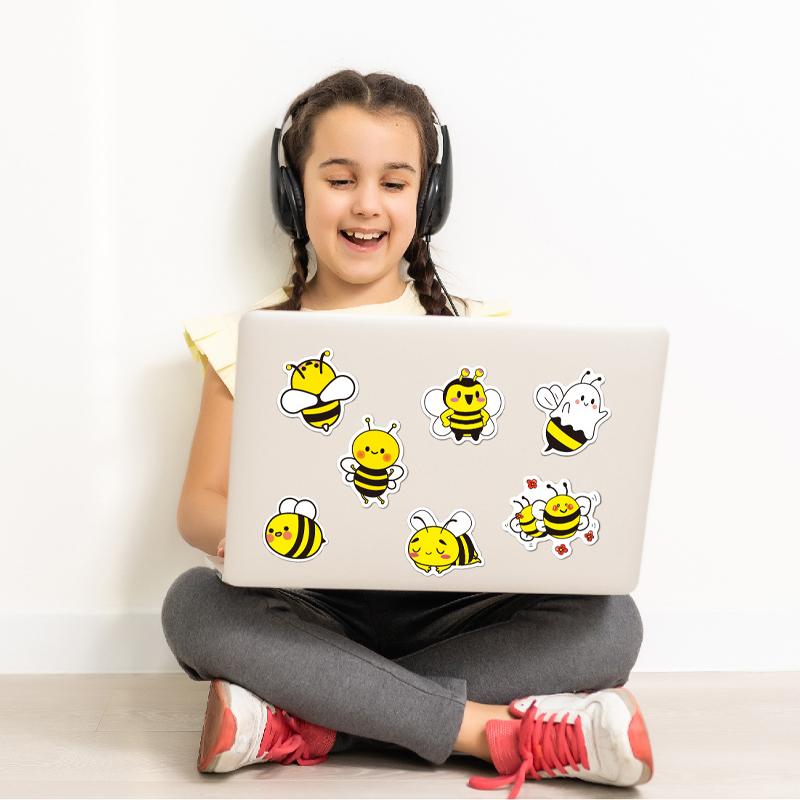 50 Pcs Bee Stickers Cute Cartoon Yellow Vinyl Waterproof Bee Animal Stickers for Water Bottles, Laptop, Package, Luggage
