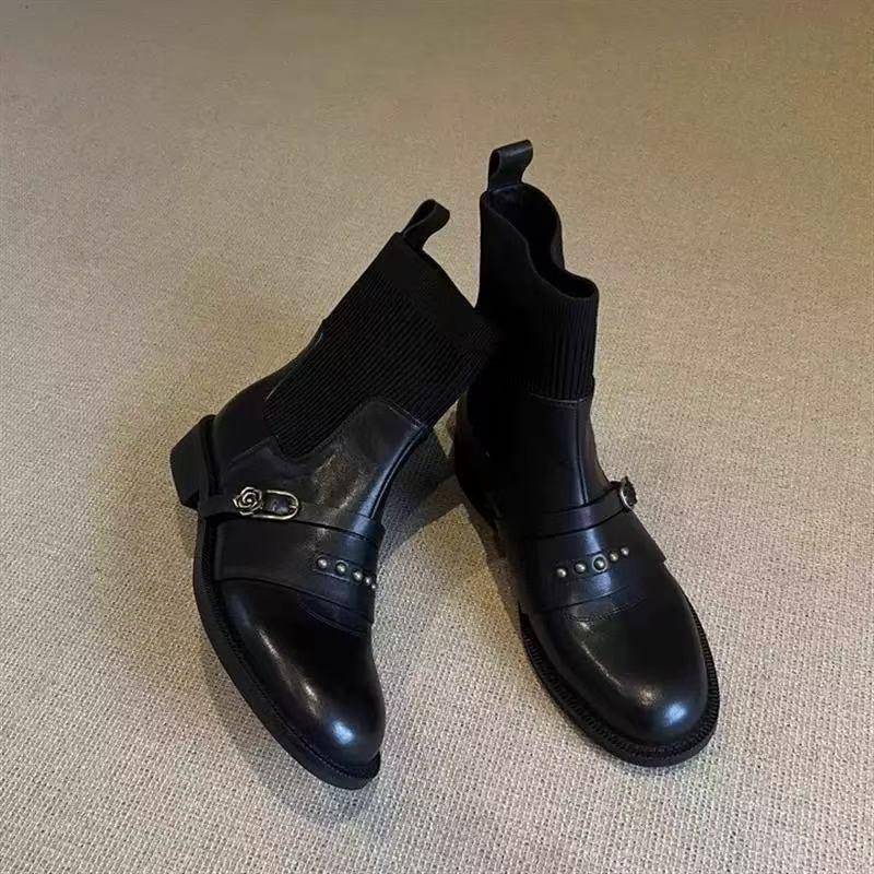 New Style Women's Designer Brand Cowhide Elastic Socks Boots Women's Sleeved High-heeled Chunky Skinny Ankle Boots for Women