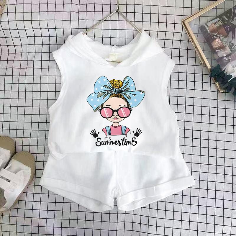 Girls Cotton Cartoon Print Tank Top And Shorts Set Fashionable Summer Two Piece Outfit For Kids