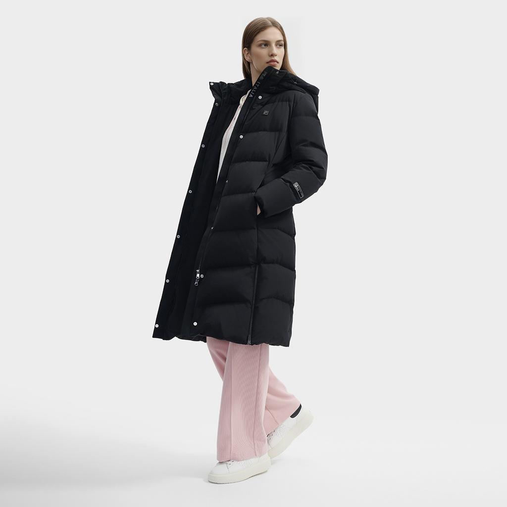 Fila Warme Lange Kapuzen-Daunenjacke Damen Oberbekleidung Schwarz F11W443905FBK