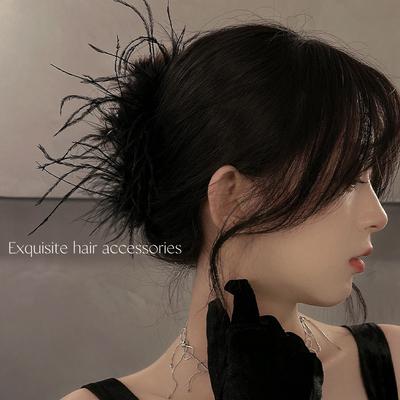 Fashion High Sense Ostrich Feather Large Feather Clip Women's 2024 New Back of the Head Hair Clip Shark Clip Temperament Hairpin