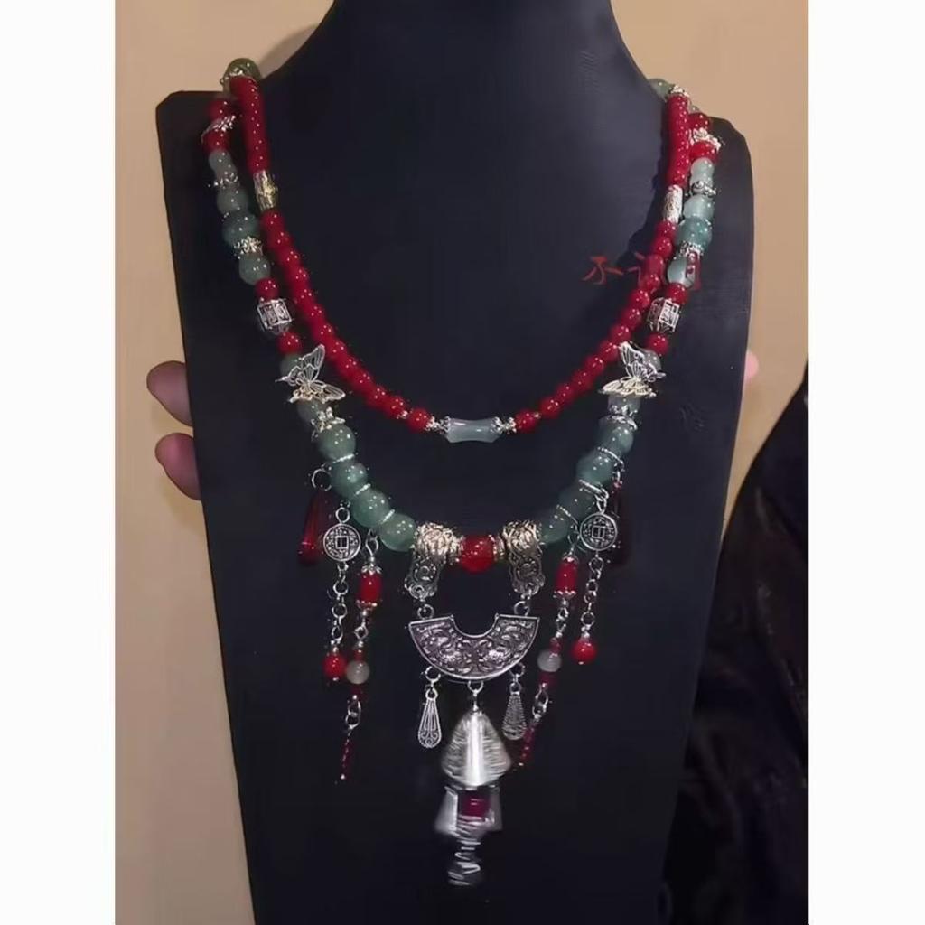 Heavy industry pendant, double-layered, extremely complex, damp aesthetic, cool, fringed necklace, retro ethnic style sweater chain.