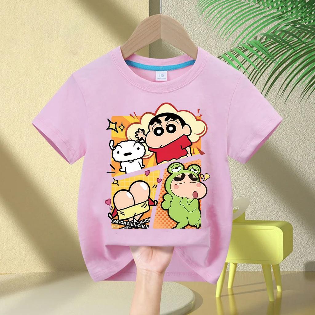 2026 New Summer Cotton Cartoon Crayon Shinchan Print TShirt Summer Fashion Casual Round Neck Cotton Childrens Top