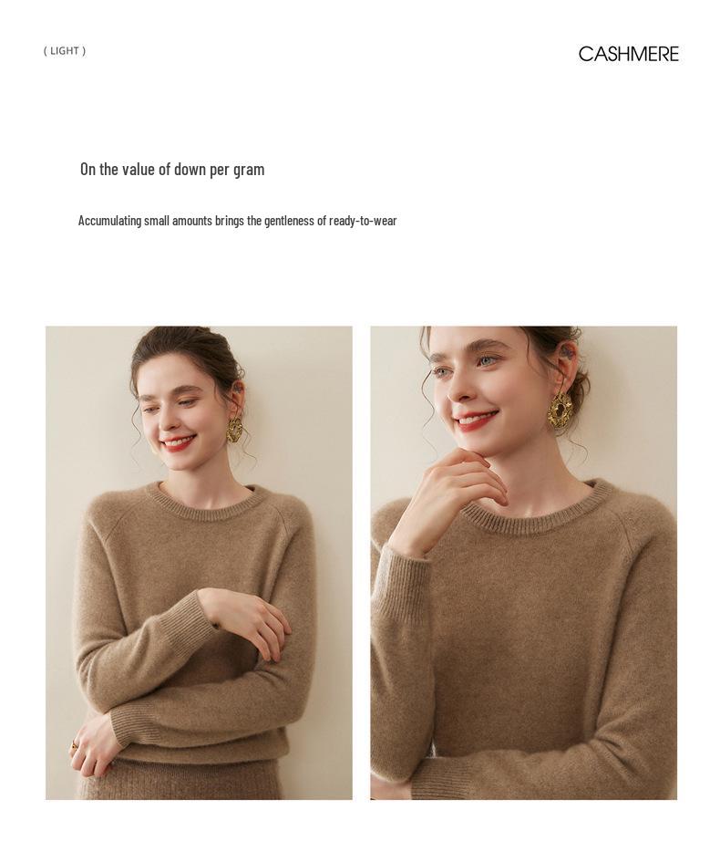Women's Pure Cashmere Sweater - Round Neck, Loose Fit, Thickened Knit Base Layer with Raglan Sleeves, Skin-Friendly for Autumn/Winter.