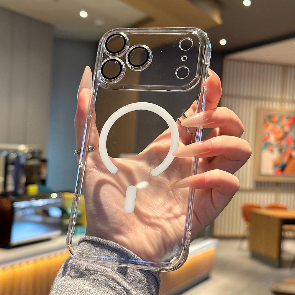 Ultra Thin Clear Glass Lens Protect Magnetic Case For iPhone 17 Air 16 16E 15 14 13 12 11 Pro Max Plus For Magsafe Hard PC Cover