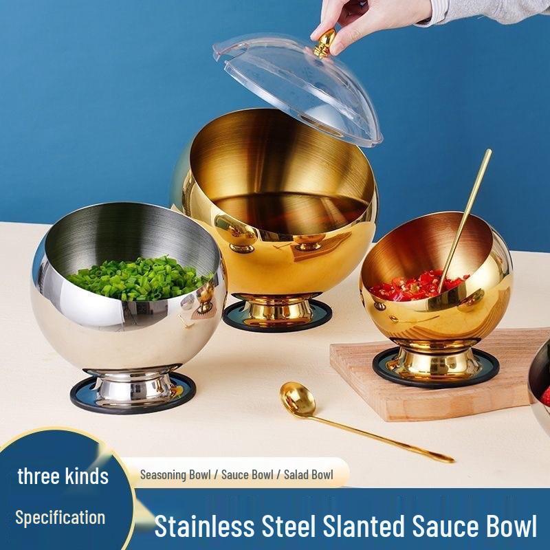 Stainless Steel Slanted Sauce Bowl with Lid for Mala Hot Pot and Buffet 14cm