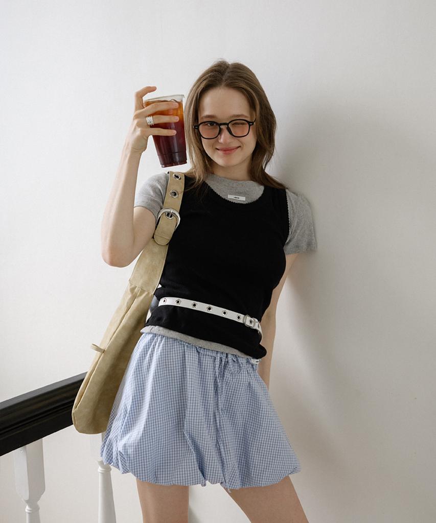 Leteoli Check Frill Ballon Skirt_Blue