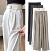 Hohe Taille Einfarbige Lockere Damen-Weitbeinige Hosen Frühling Sommer Knopf Elegant Gerade Vollständig Lange Hosen Weiblich