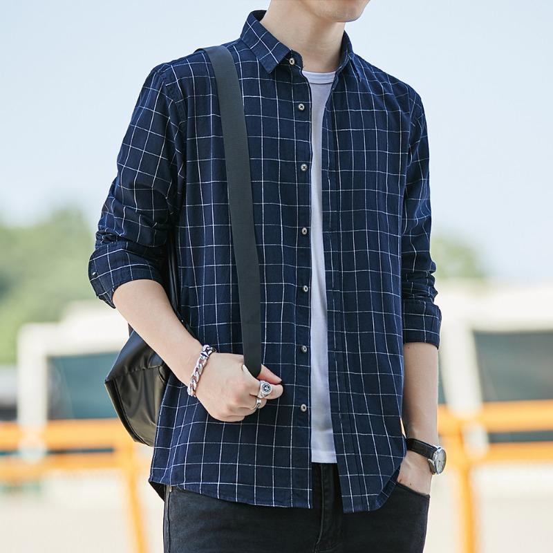 Men's Gray Grid Check Long Sleeve Button Shirt - Oversized Casual Cotton Shirt