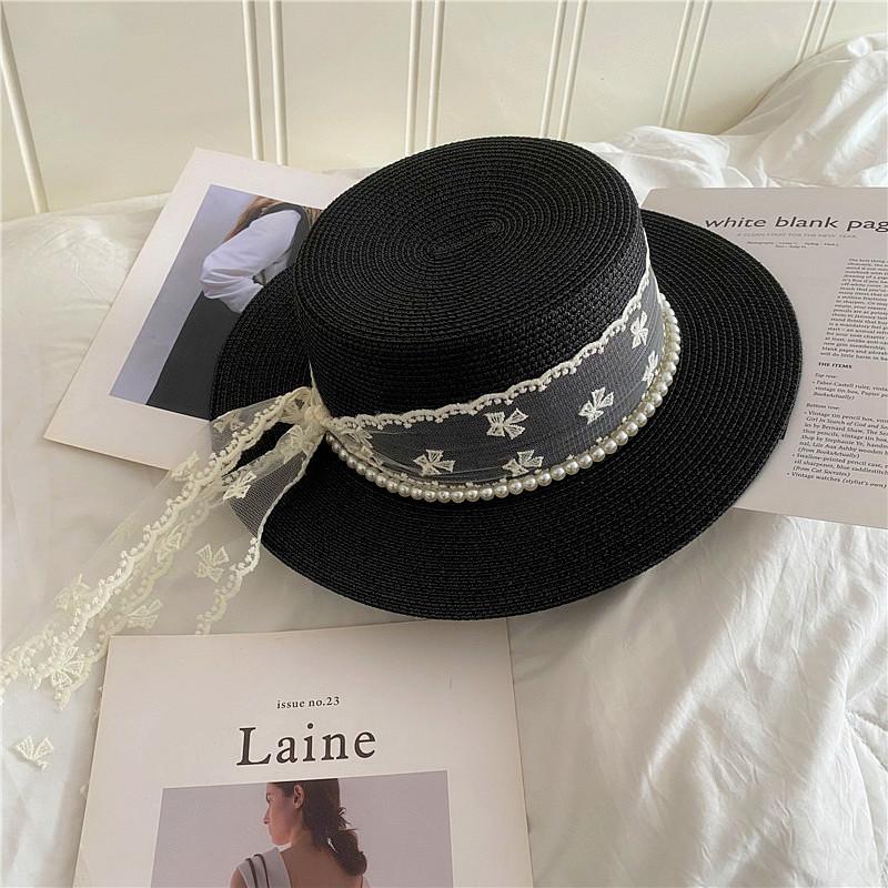 

Милая соломенная шляпа с кружевом и жемчугом, женская пляжная шляпа, соломенная шляпа с плоской тульей, шляпа от солнца Adult average size (56-58cm)