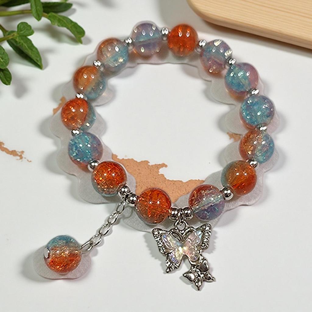Braccialetto in Vetro Fiore Esplosione Fantasy da 10 mm: Ciondolo Farfalla Colore Degradé Design di Nicchia per Donne e Migliori Amiche.