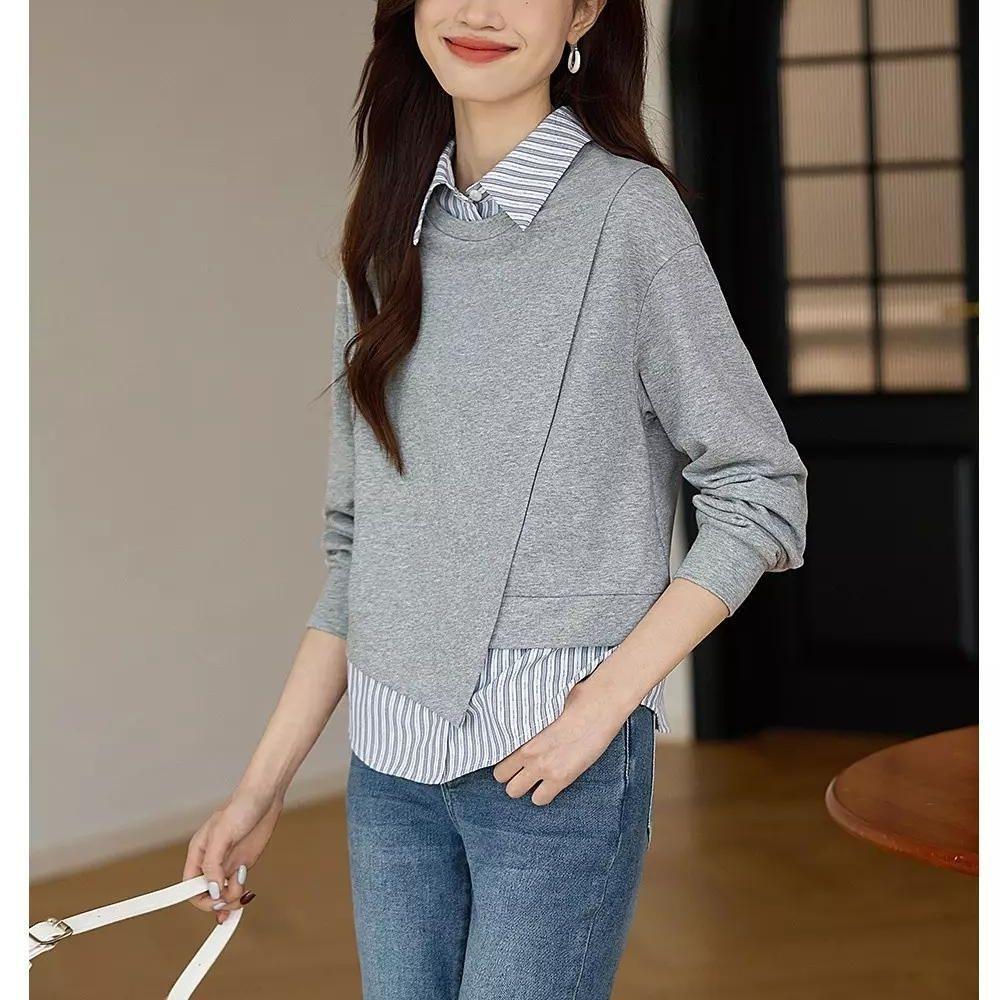 

Полосатый свитшот-двойка для женского осеннего сезона, новый, универсальный, в стиле кэжуал-шик, с лацканами, с длинным рукавом 2XL