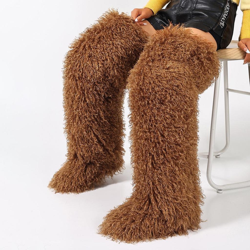European-American 72cm Faux Tibetan Sheep Fur Thigh-High Snow Boots for Autumn & Winter