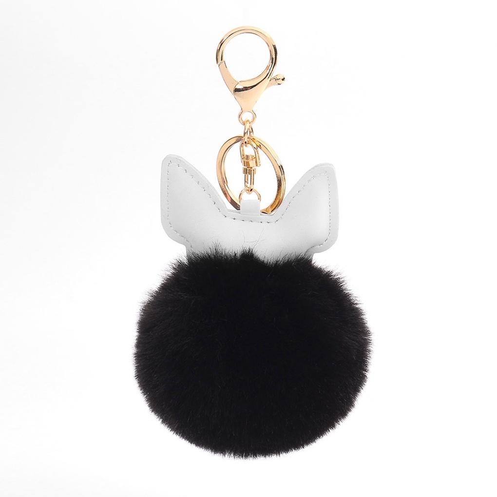 Bulldog Pom Pom Keyring (Black) Bag Decoration Car Perky Ring