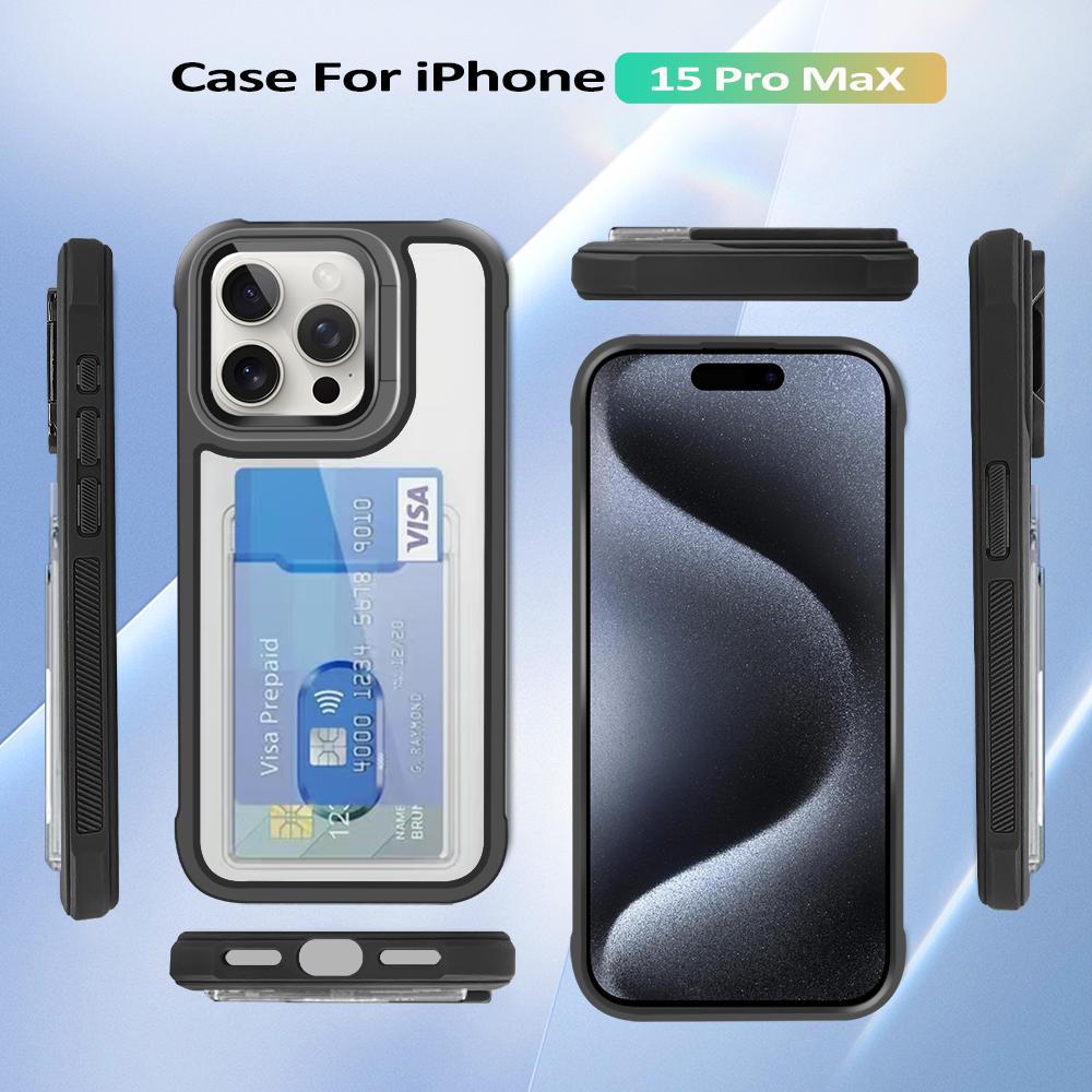 Shockproof Acrylic Hard Cover for IPhone 16 Pro Max 15 14 Plus 13 11 Folding Lens Stand Transparent Slot Card Holder Wallet Case
