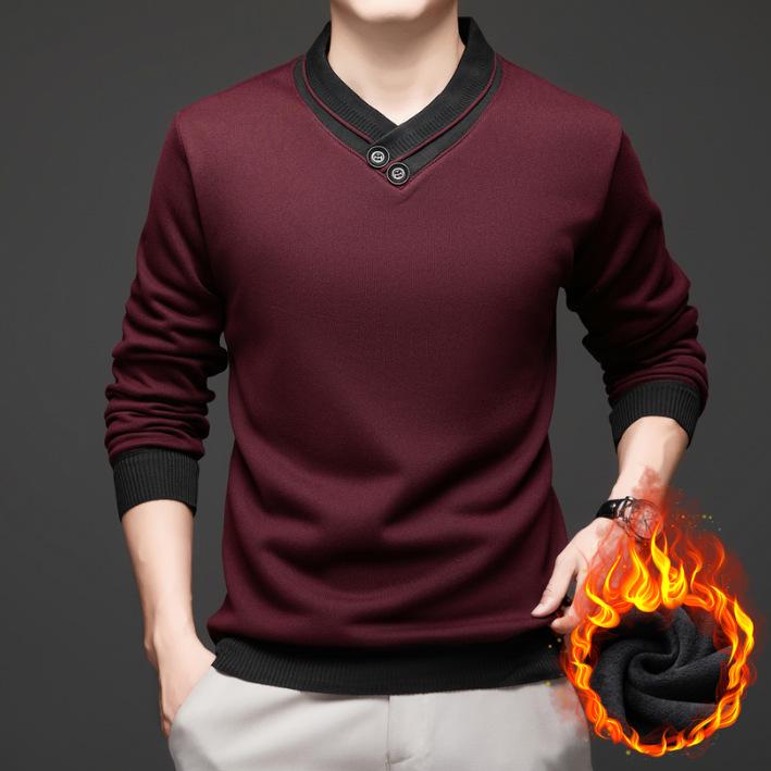 

Men s Winter V-Neck Sweater with Scarf Collar and Two-Button Knit, Thickened for Warmth. 3XL вина червоного кольору