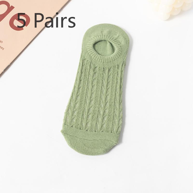 

5 пар летних тонких носков-лодочек для женщин, не сползающие с пятки, силиконовые противоскользящие невидимые короткие носки, носки для кондиционированного воздуха, сетчатые носки 5 pairs зелёный