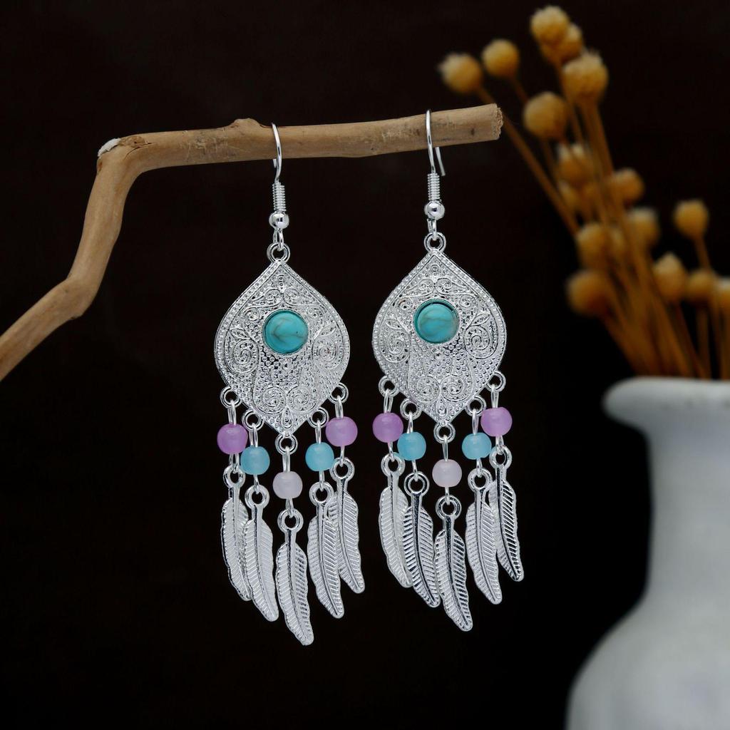 Personalized Bohemian Miao Silver Geometric Tassel Earrings