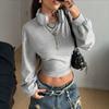 Damen Langarm Crop Top Hoher Hals Raffung Vorne Lässig Einfarbige Streetwear Pullover