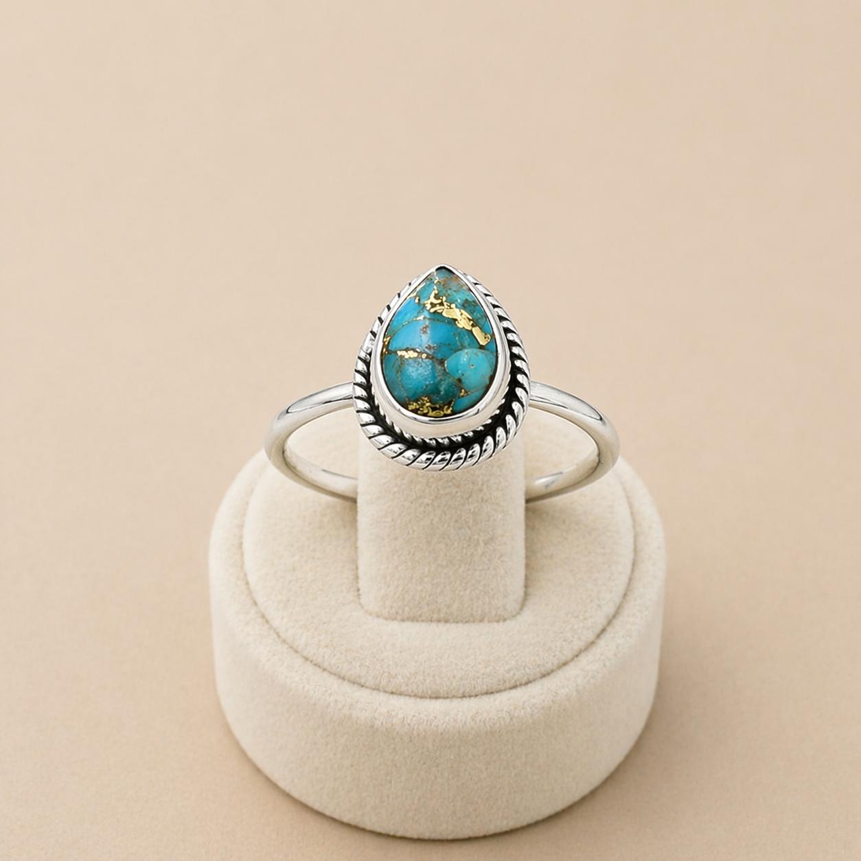 Blue Copper Turquoise Pear Ring, 925 Sterling Silver 7x10 mm Gemstone Ring, Boho Statement Ring, Teardrop Turquoise Jewelry 4 серебряный