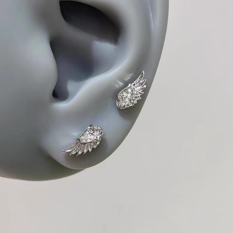 1pair Shiny Crystal Wing Stud Earrings for Women Silver Hypoallergenic Cross Ear Screw Back Piercing Cartilage Jewelry Gift