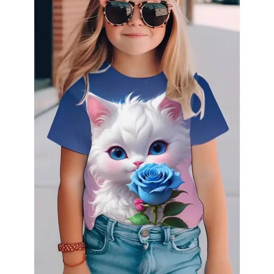 

Футболки для детей 4-15 лет, мультяшный кот, удобный полиэстер, для мальчиков и девочек, детская футболка с длинным рукавом, мультяшная футболка с 3D-принтом, детская одежда 170