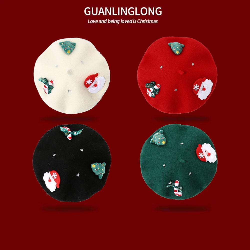 Christmas Wool Beret Hat Green Red French Beret Cap Winter Warm Beanie Cap Christmas Tree Headwear for Women Girls Party Costume