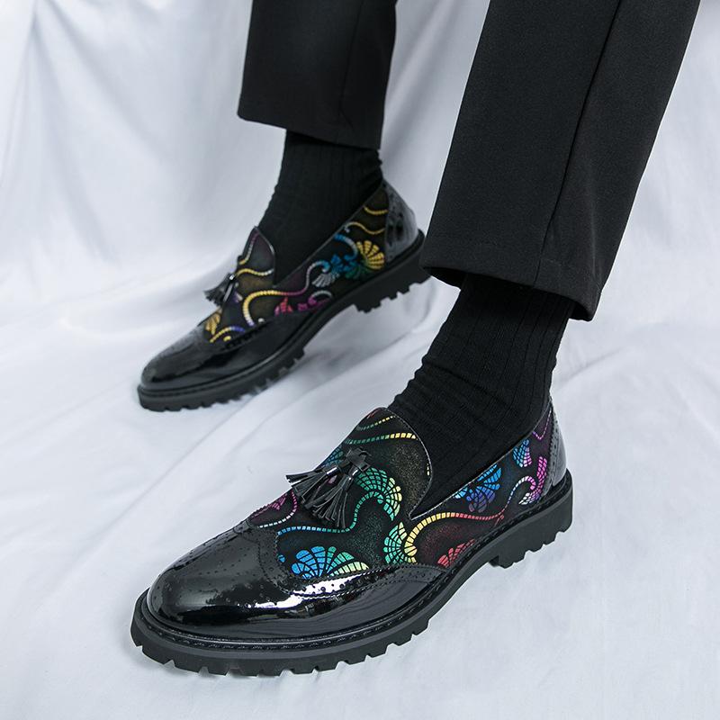 Brock Printed Fringed Pointed Leather Shoes Men's Size 38-46, Gold Casual Small Leather Shoes Formal Foot Cover Youth