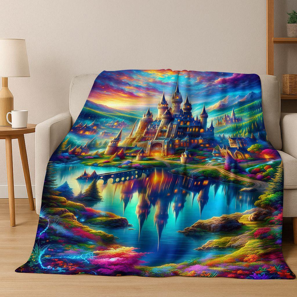 Enchanted Fairytale Princess Castle Gothic Castle Cartoon Flannel Blanket,Cozy Soft Throw Blanket for Home Bedroom Bed Sofa Kids