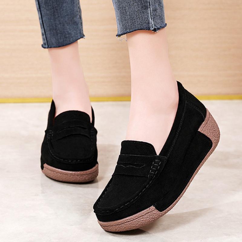 Cow Suede Women Platform Shoes Fashion Wedge Heels Elegant Ladies Casual Walking Shoes Slip-on Loafers