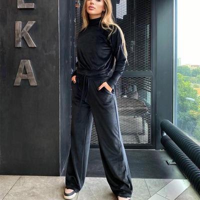 2024 Autumn/Winter Fashion Set: Solid Color Silver Fox Fleece High Neck Top & Drawstring Pants