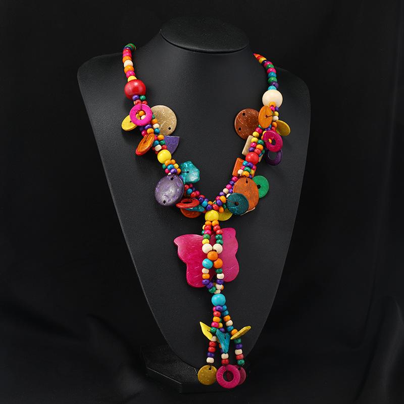 Bohemian Colored Coconut Shell Necklace Holiday Style Long Wooden Handmade Sweater Chain Women's Accessories