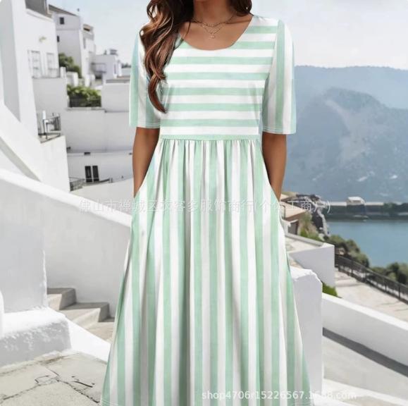 2026 European and American women's clothing explosive summer new casual fashion striped short-sleeved dress