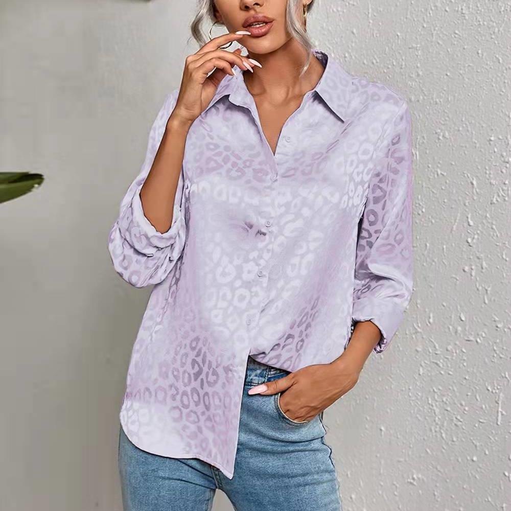 QICED Women's Spring Summer Lapel Open Button Leopard Print Jacquard Shirt Temperament Commuter Long Sleeve Shirt