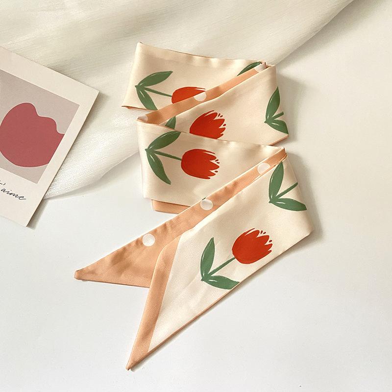 Fashion Blue Tulip Thin Narrow  Long Silk Scarf Women's Headband Braided Hair Ribbon Tied Wrapped Hair Scarf Headwear