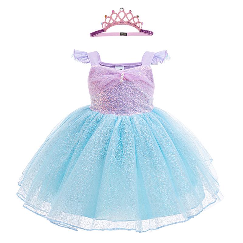 Girls' Mermaid Princess Beaded Lace Dress: Cosplay Costume with Puff Sleeves for First Birthday