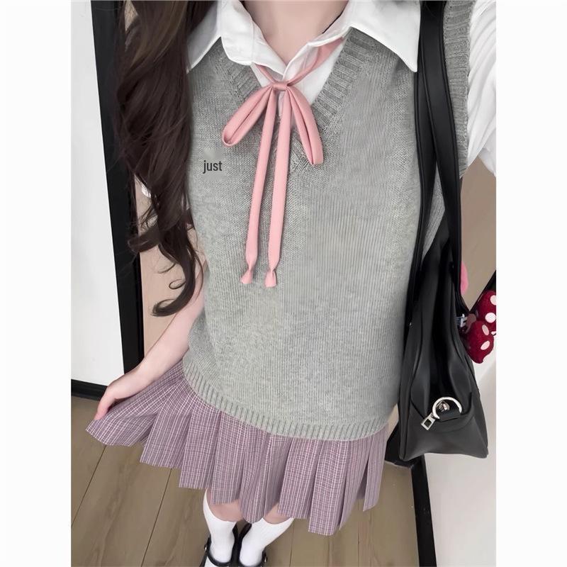 Japanese School-Style Embroidered V-Neck Knitted Vest for Women
